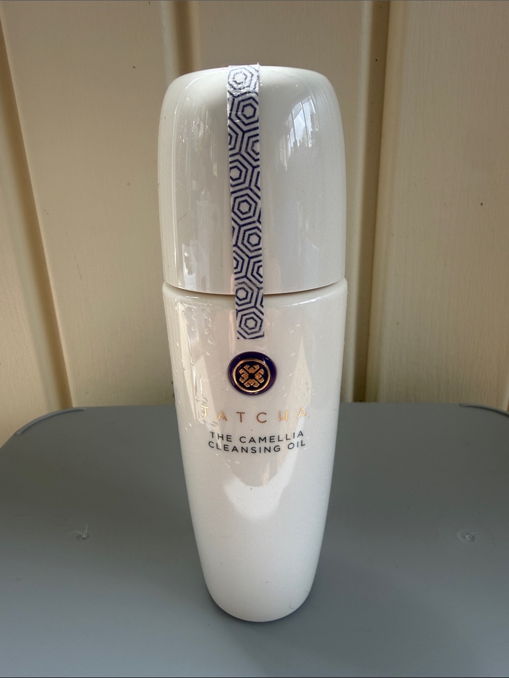 Tatcha Camellia Cleansing Oil Bottle — White with Navy Accent